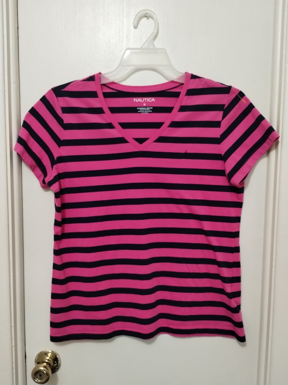 Nautica Hot Pink and Black Striped V-Neck Tee